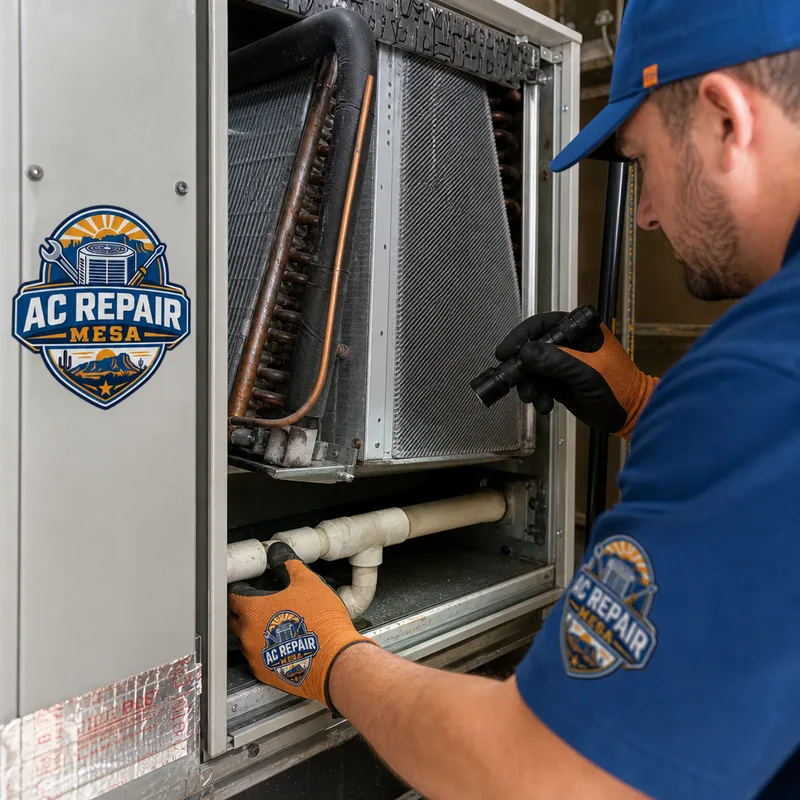 Technician inspecting an evaporator coil, condensate drain line, and trap inside a clean air handler