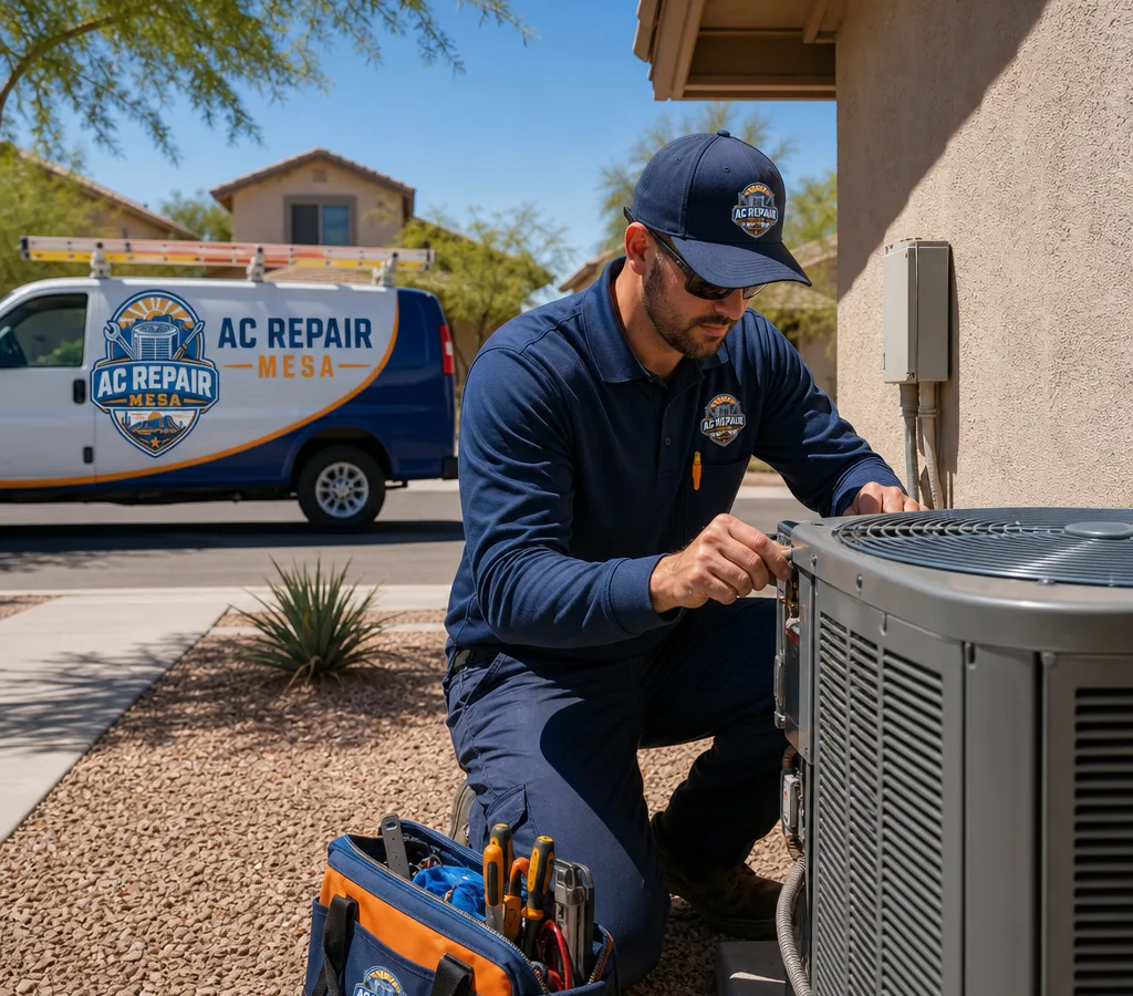 Uniformed HVAC technician working on an outdoor condenser beside a Mesa home in bright sun