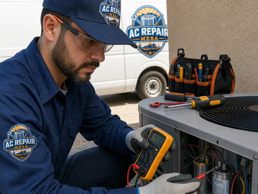 HVAC technician testing a condenser electrical compartment and dual-run capacitor with a multimeter