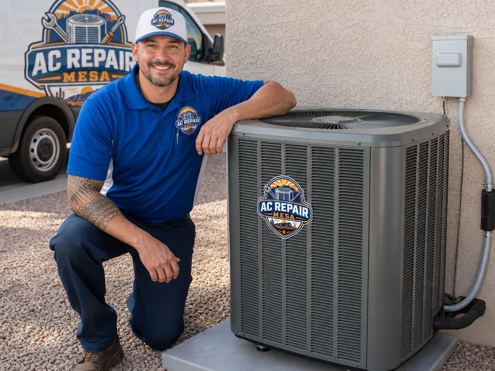 New outdoor condenser installed level on a pad with neat line-set routing and a sealed wall penetration