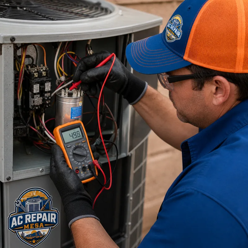 HVAC technician measuring capacitor and contactor readings inside a condenser with a multimeter