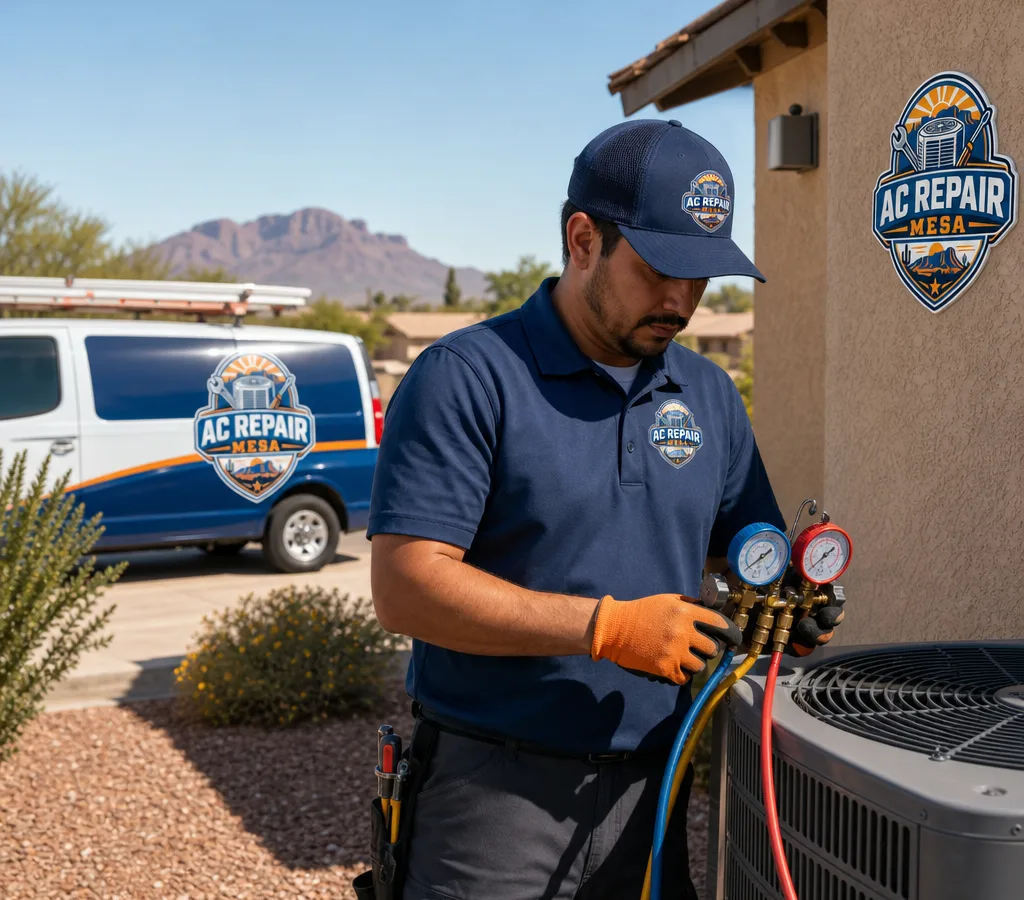 HVAC technician checking gauges and airflow at an outdoor condenser beside a Mesa stucco home