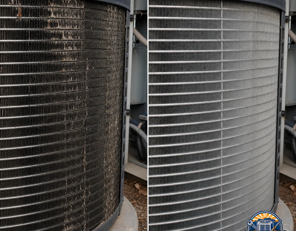 Dirty condenser coil shown beside the same coil cleaned and straightened for improved airflow