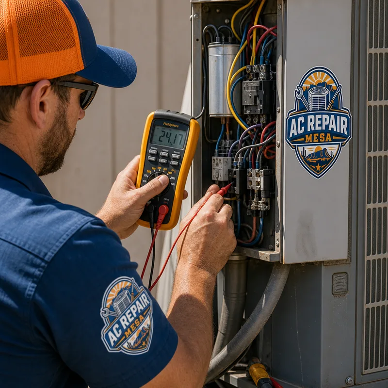 Technician using a multimeter on an HVAC contactor and capacitor compartment with the disconnect pulled