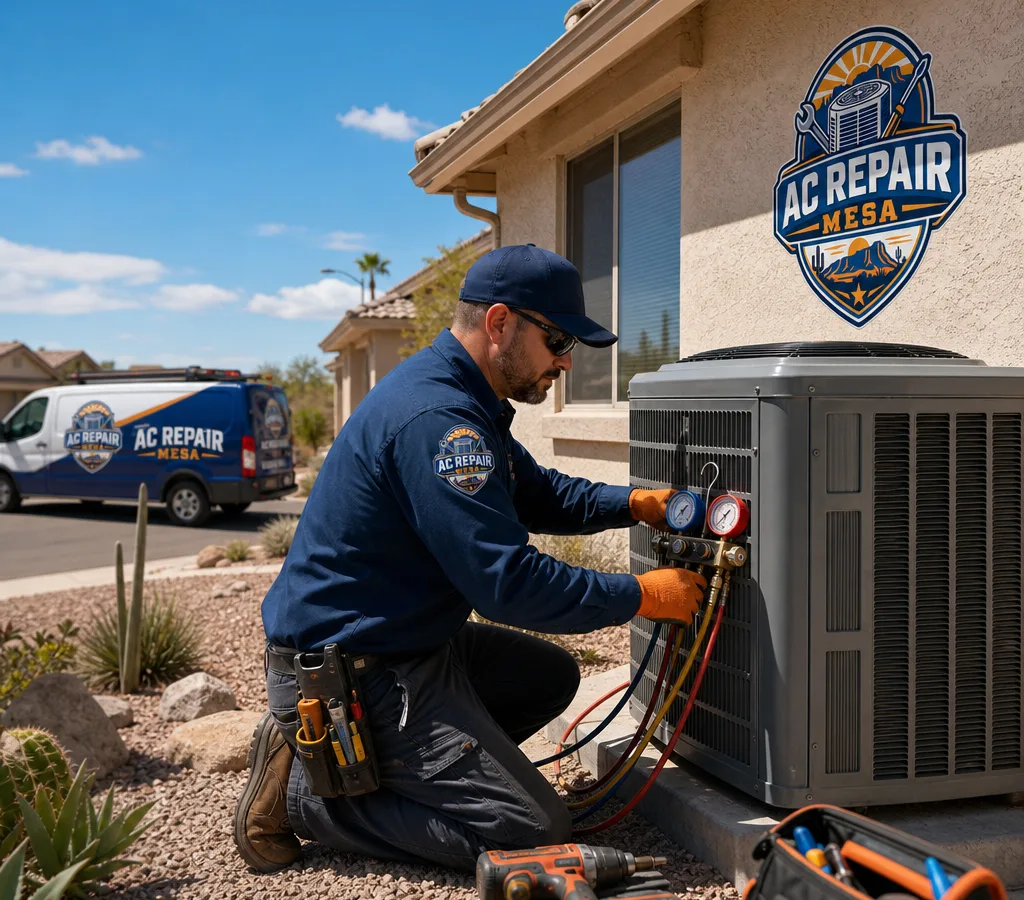 HVAC technician servicing an outdoor condenser beside a Mesa home with gauges and hand tools