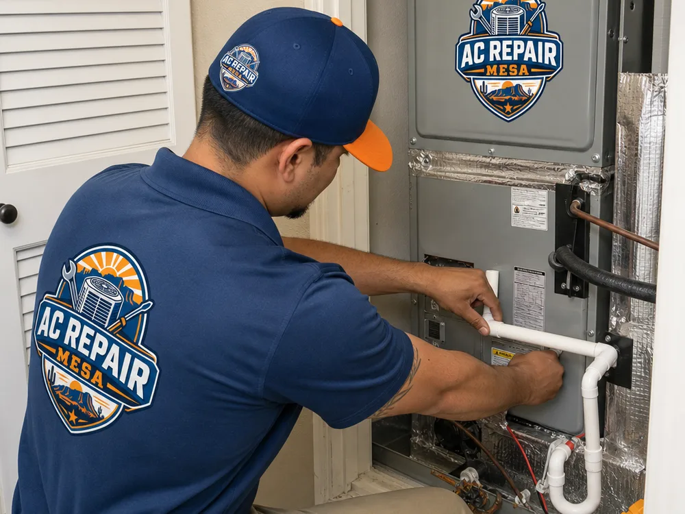 Indoor air handler with clean drain routing and properly secured access panels after service