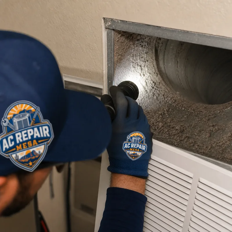 Dust buildup visible inside a return duct during a technician inspection