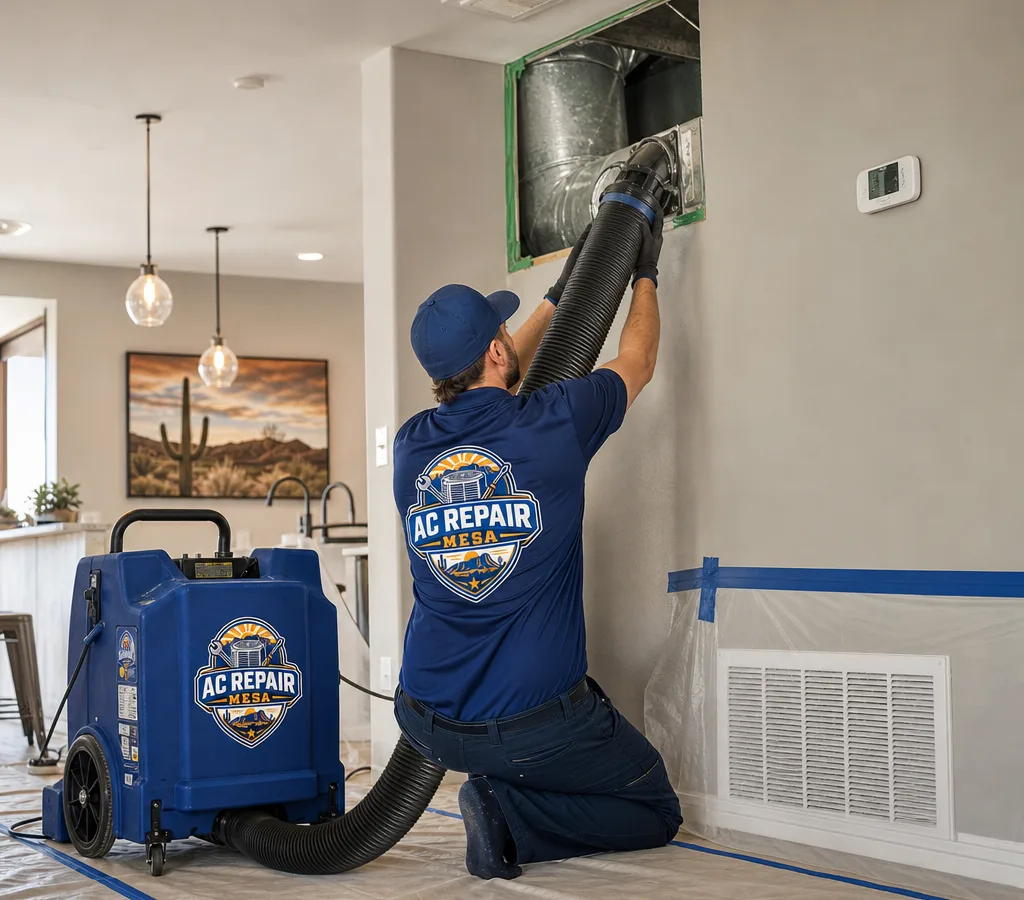 Technician attaching a negative-air vacuum to a return trunk line in a protected Mesa home