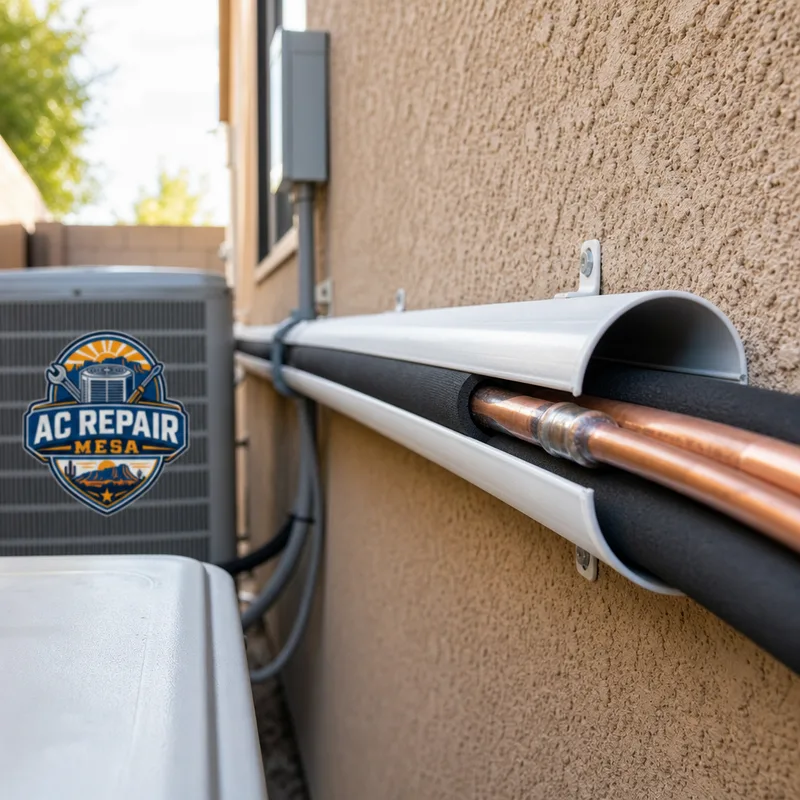 Supported and insulated refrigerant line set with clean brazed joints and protective line-hide along an exterior wall