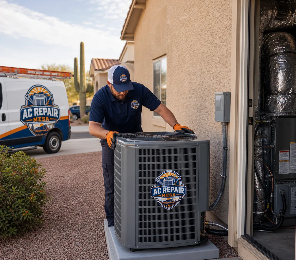 Technician setting a new outdoor condenser beside a Mesa home with the indoor air handler and sealed duct connections visible