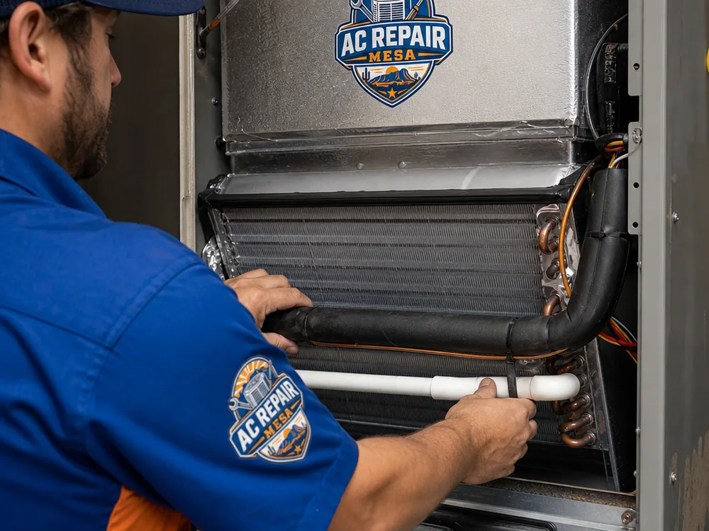 Indoor evaporator coil and air handler installation with sealed plenum transitions, insulated refrigerant lines, and routed condensate drainage