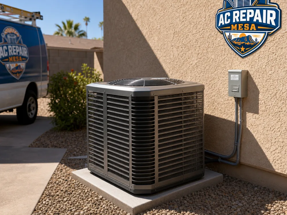 Completed outdoor condenser installation with a level pad, correct clearances, and visible electrical disconnect in a clean side yard