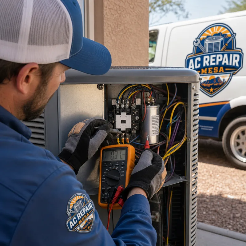 HVAC technician inspecting a condenser contactor and capacitor with a multimeter during an AC tune up
