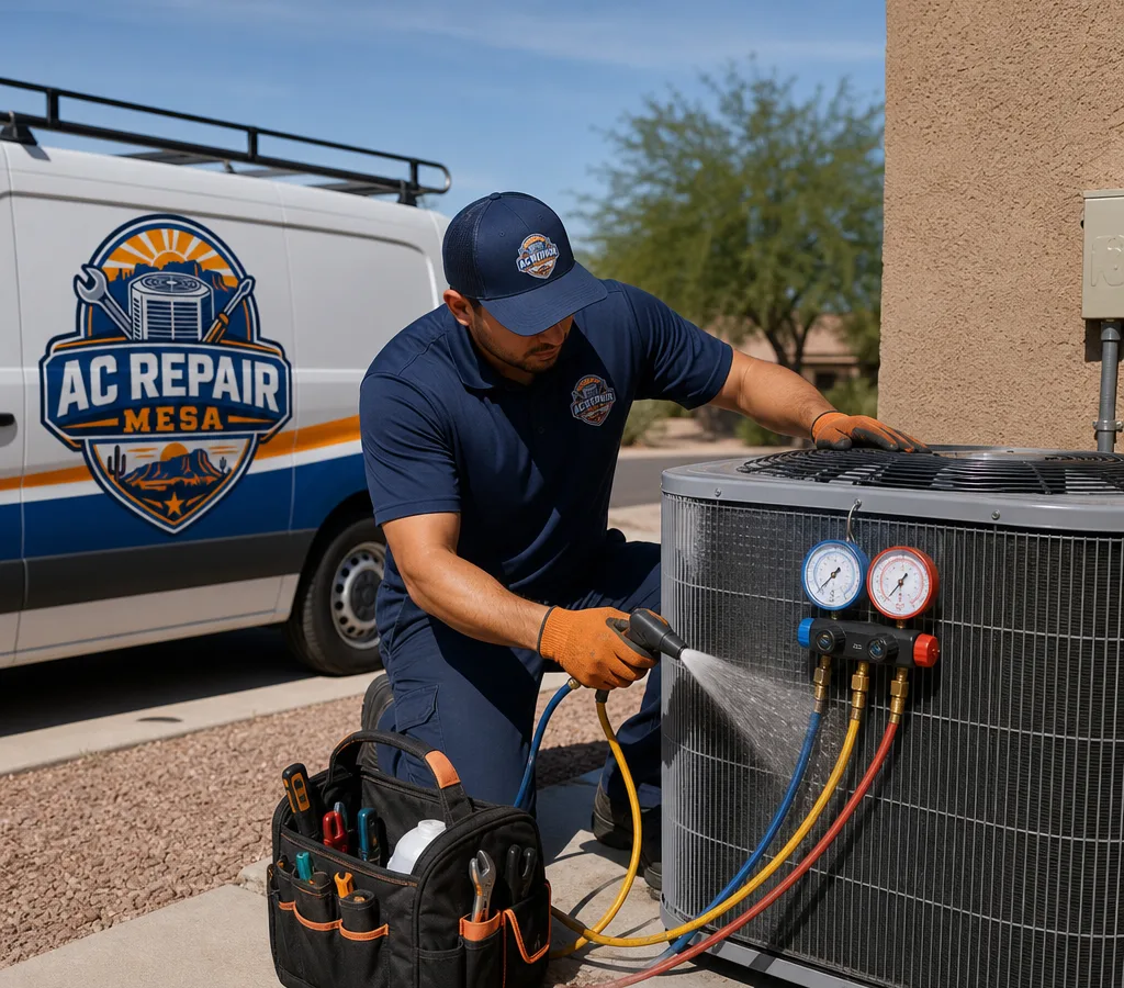 Technician performing an air conditioner tune up on a residential outdoor condenser in Mesa, Arizona, with gauges connected and coil cleaning in progress