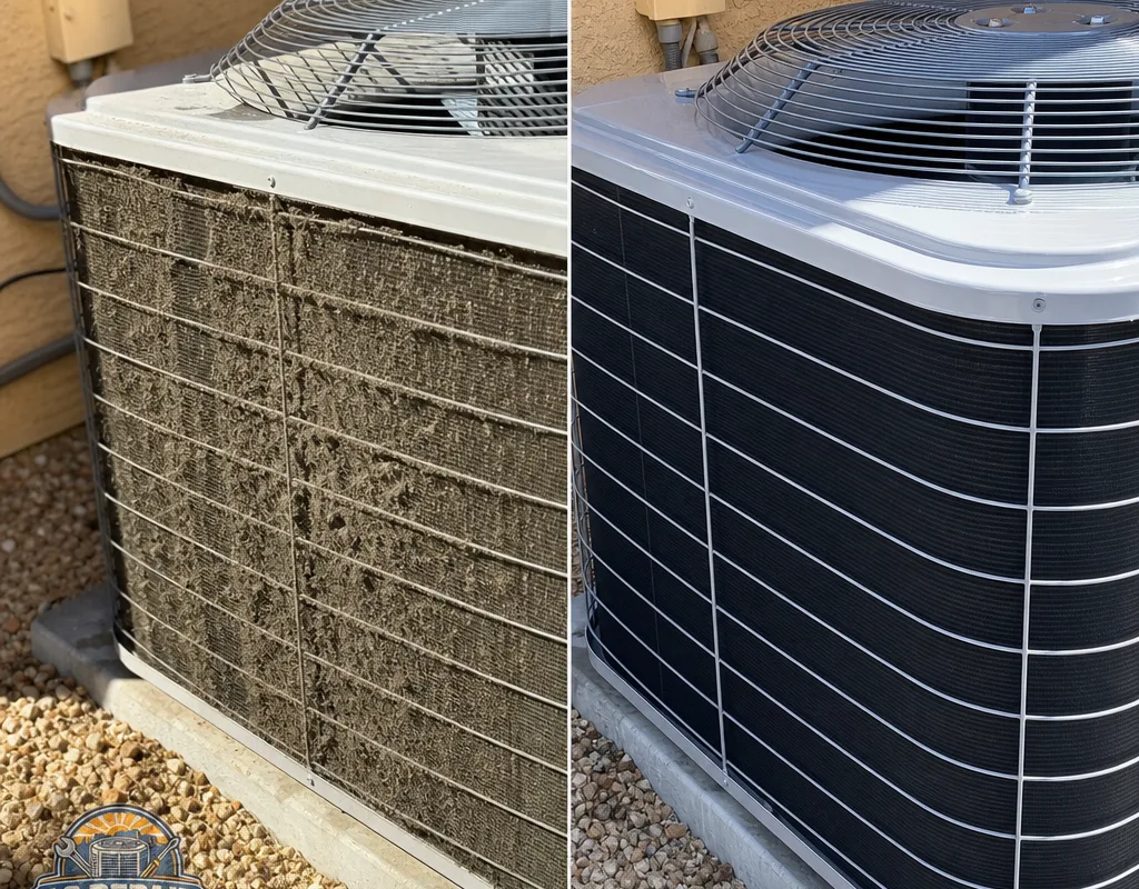 Before-and-after comparison of a dirty outdoor condenser coil and the same coil after cleaning