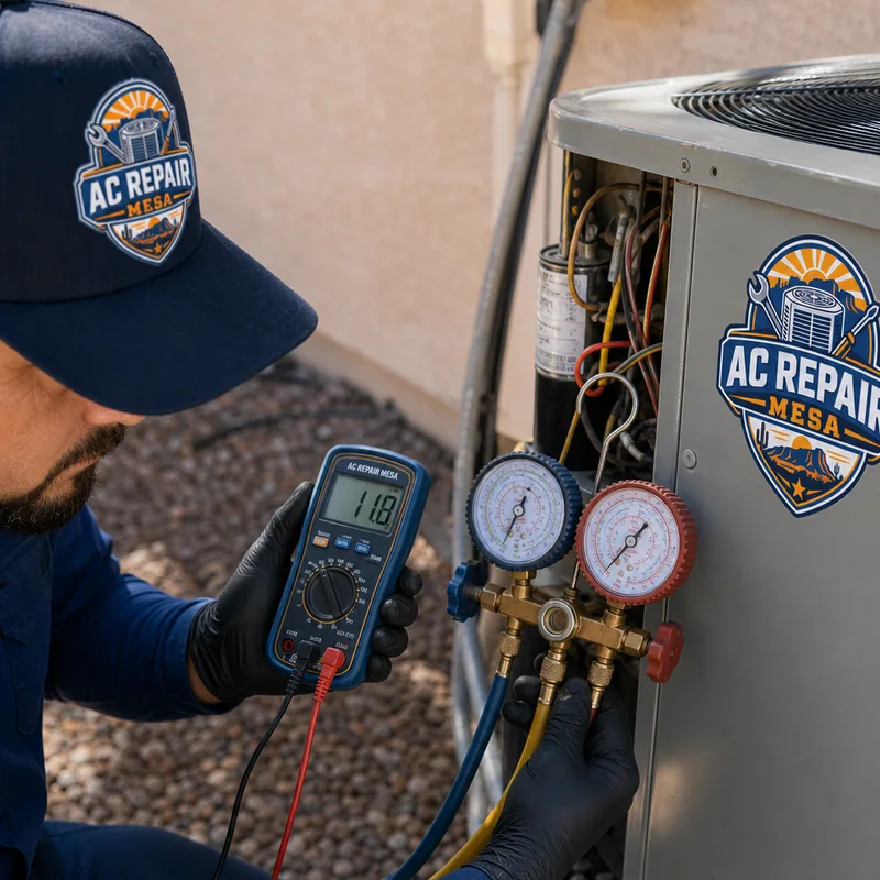 HVAC technician using a multimeter and gauges to take diagnostic readings