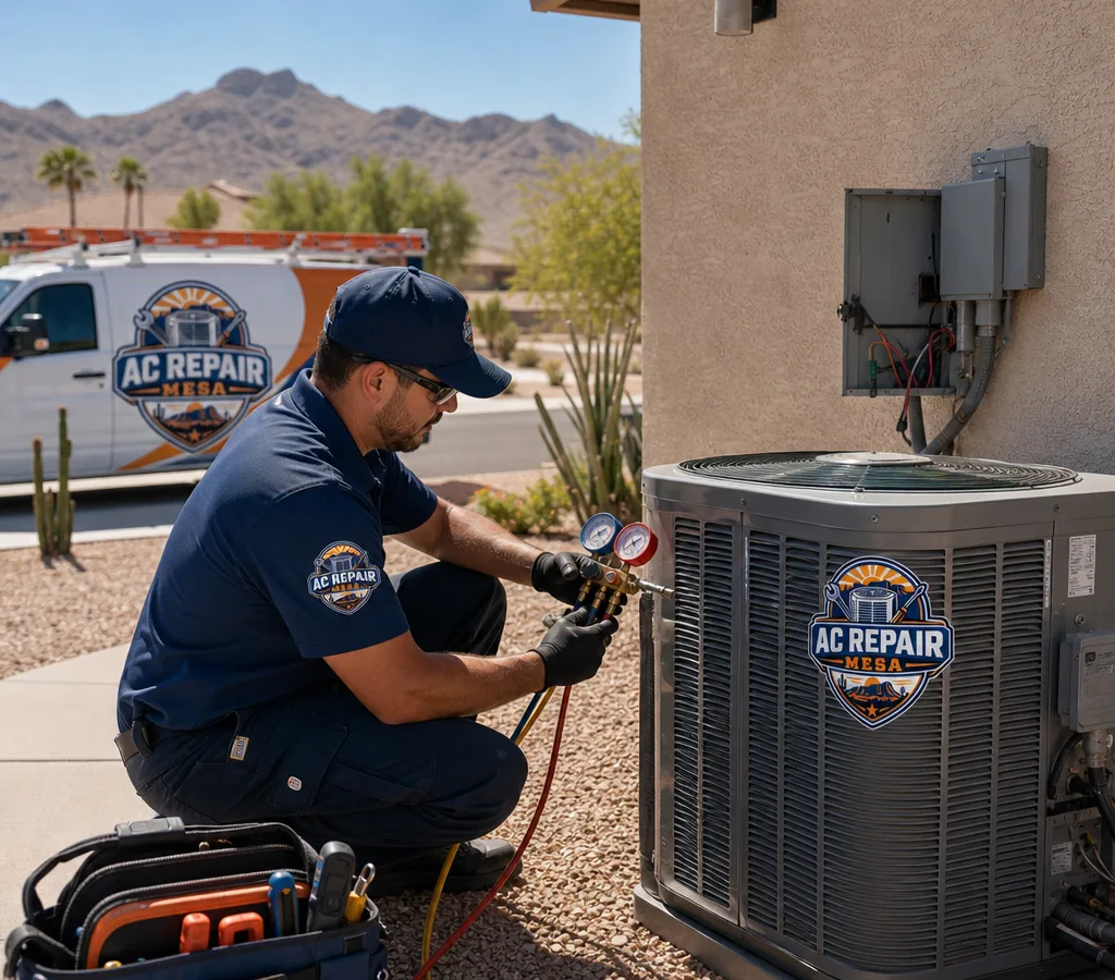Licensed HVAC technician servicing an outdoor condenser at a Mesa home in bright desert daylight