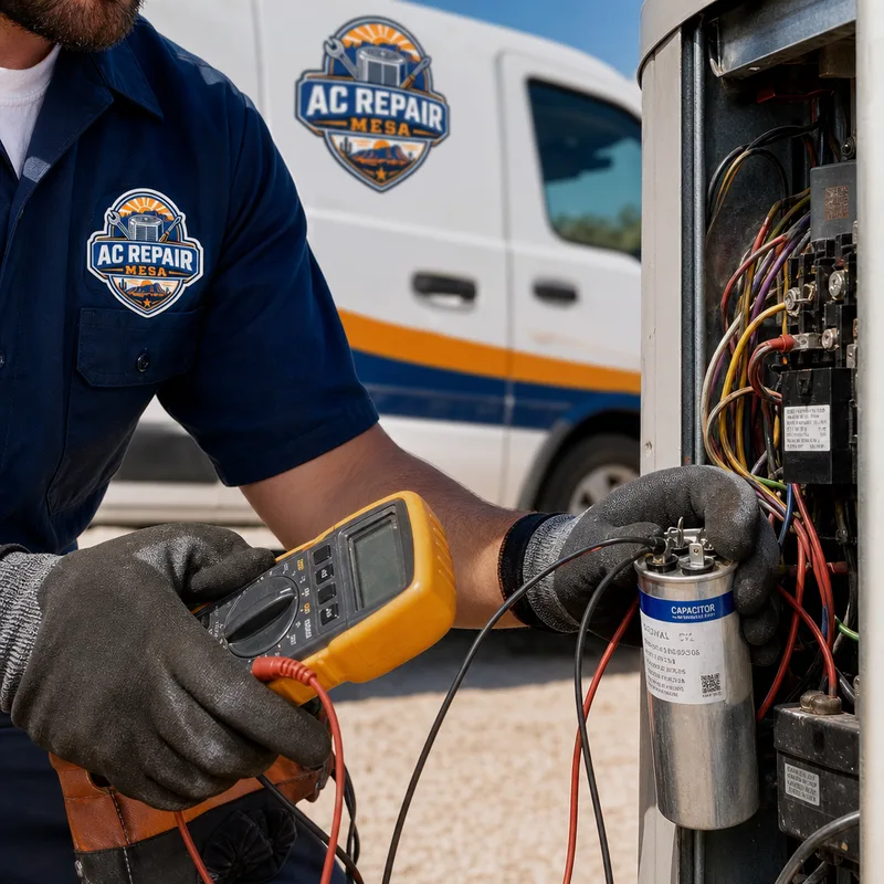 Technician using a multimeter to test a run capacitor and electrical components inside an AC condenser control panel