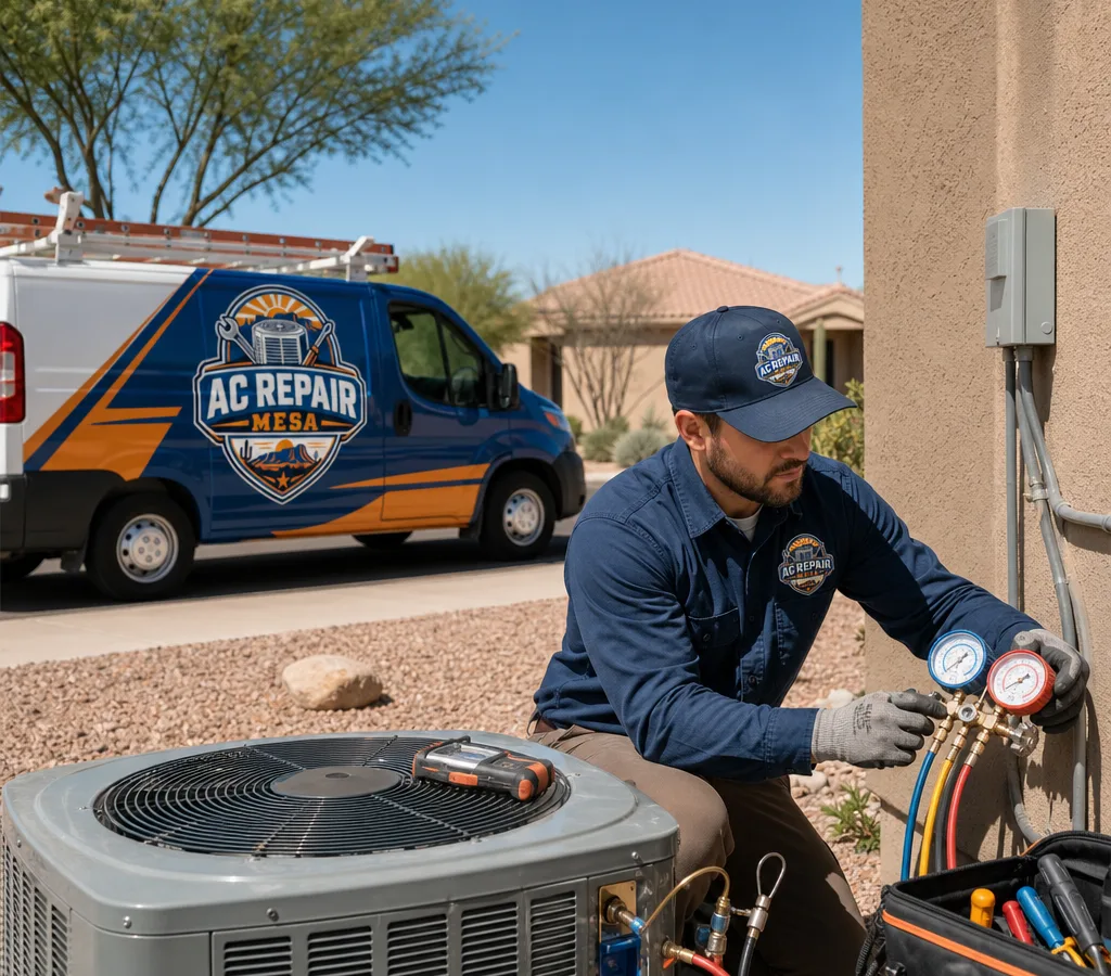 HVAC technician performing a maintenance check on an outdoor AC condenser at a Mesa home in bright desert daylight