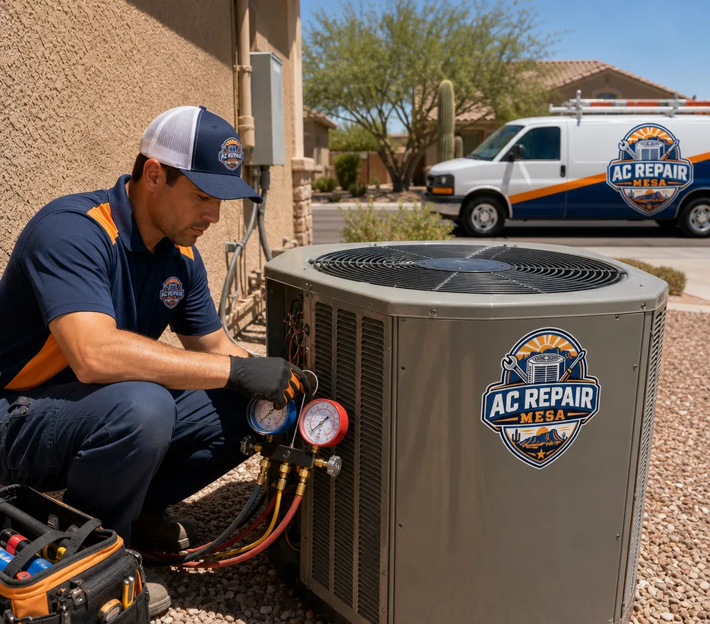 Technician servicing an outdoor AC condenser at a Mesa home on a bright, hot day