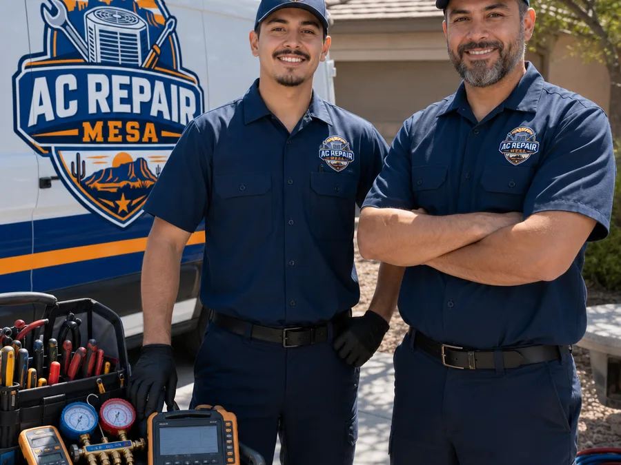 Two uniformed HVAC technicians beside an organized service van in a Mesa driveway