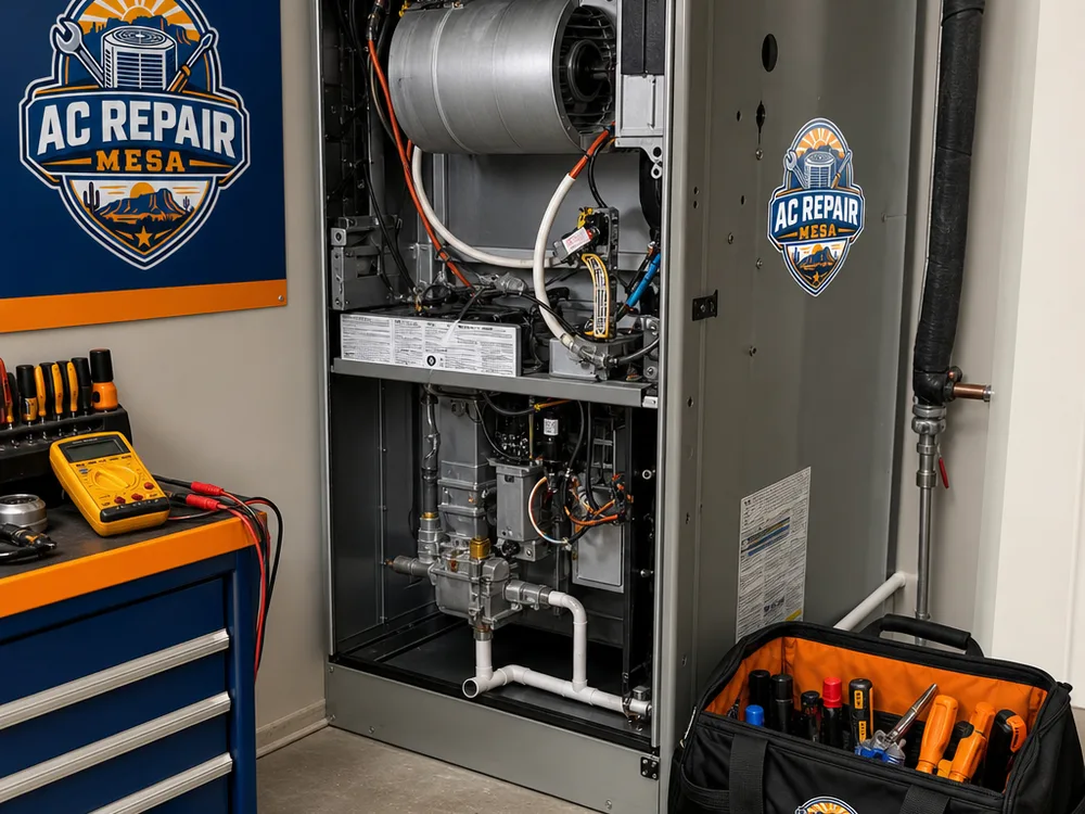 Open indoor air handler cabinet with diagnostic tools staged neatly in a clean work area